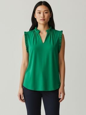 Tahari Womens Emerald Green Ruffle Trim Sleeveless Blouse -M